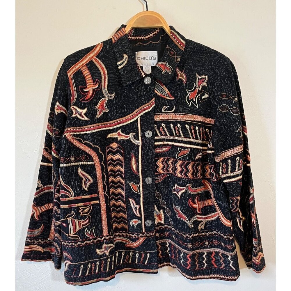 Chicos Blazer Jacket Metallic Embroidered Button Front Long Sleeve Size 2